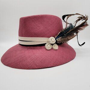Custom Made Pink Straw Fedora with Feathers and Costume Pearl Trim